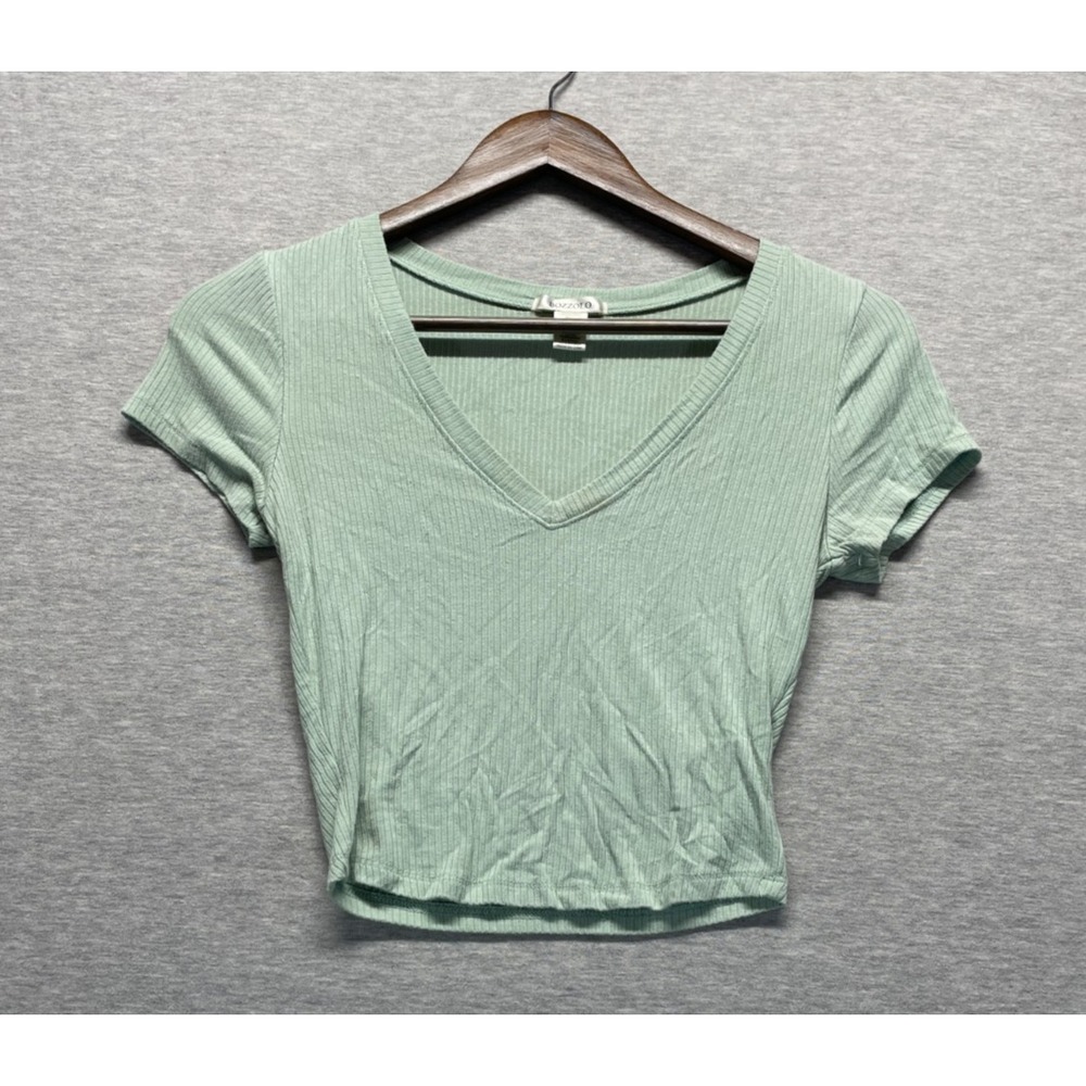 Bozzolo Ribbed Knit Cropped Top Womens Small Mint Green Rayon Cap Sleeve V-Neck